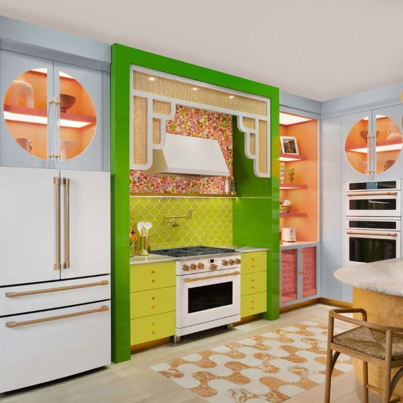 White and gold appliances in an eclectic kitchen